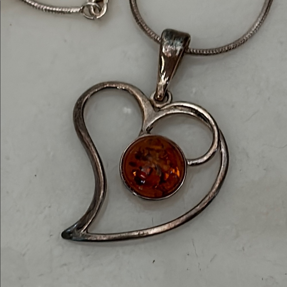 Amber and Silver Heart Pendant Necklace